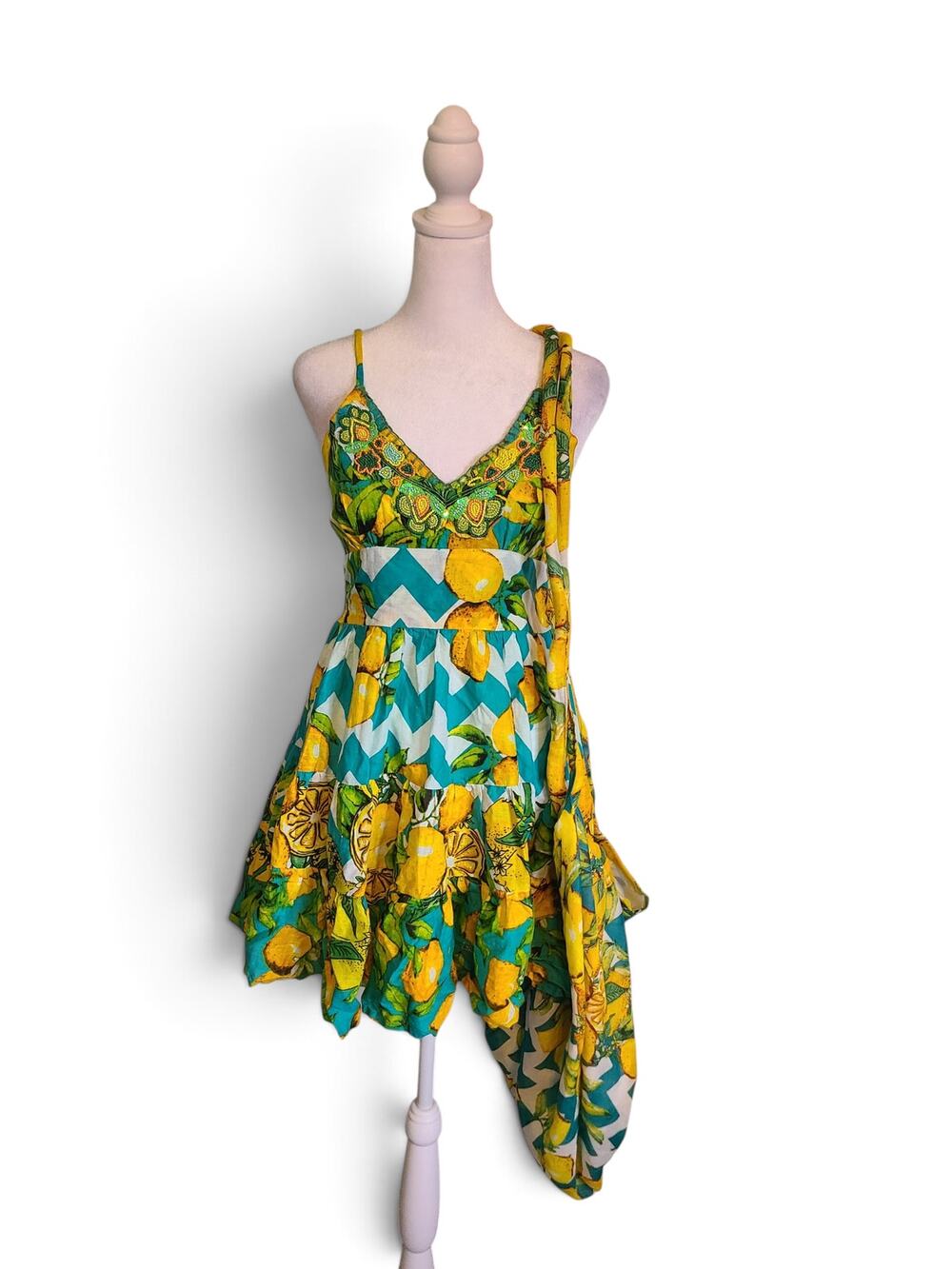 Antica Sartoria Tropical Vibrant Teal Yellow Lemon Pattern Dress and Purse